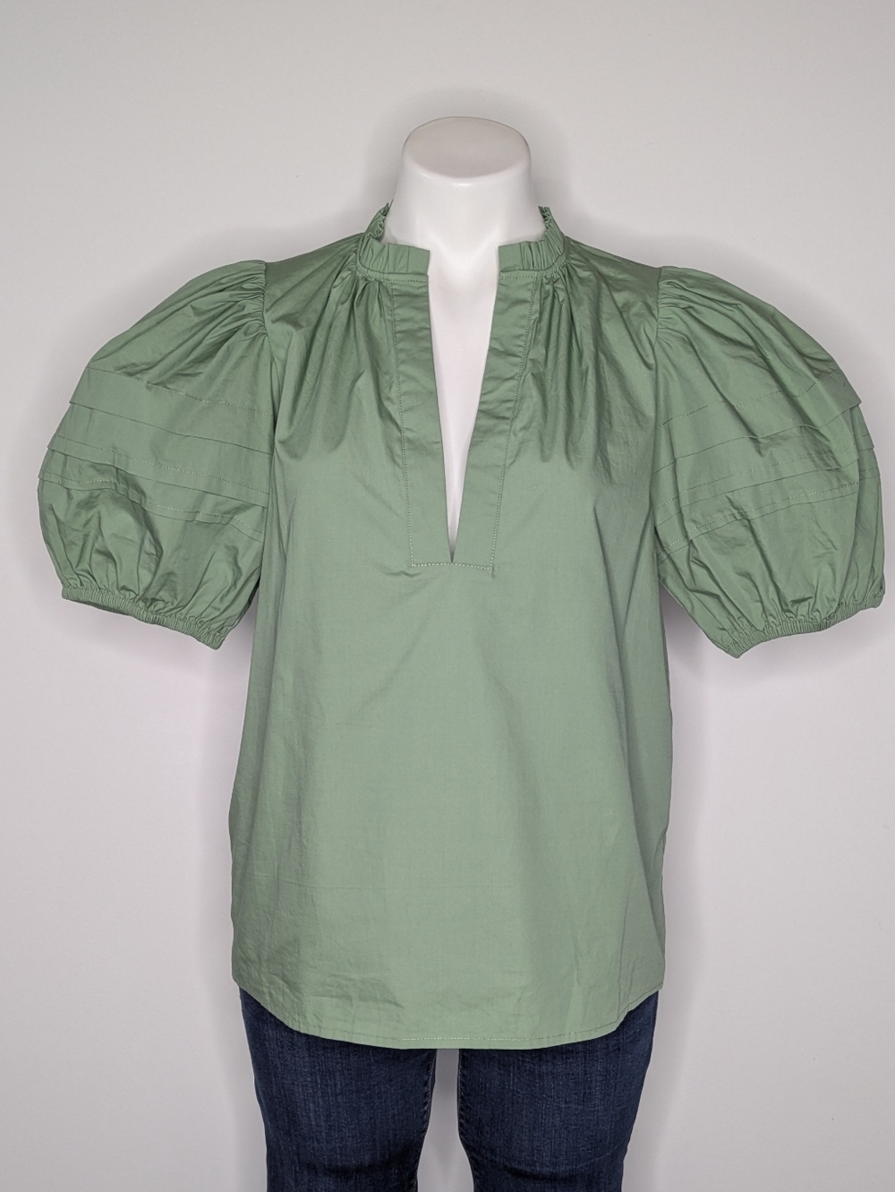 Trish Scully Green Puff Sleeve V Neck Cotton Blouse M